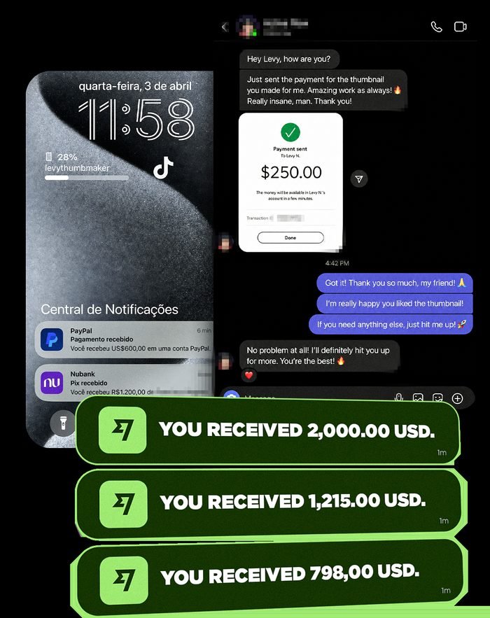 Notificações reais de pagamentos recebidos em dólar