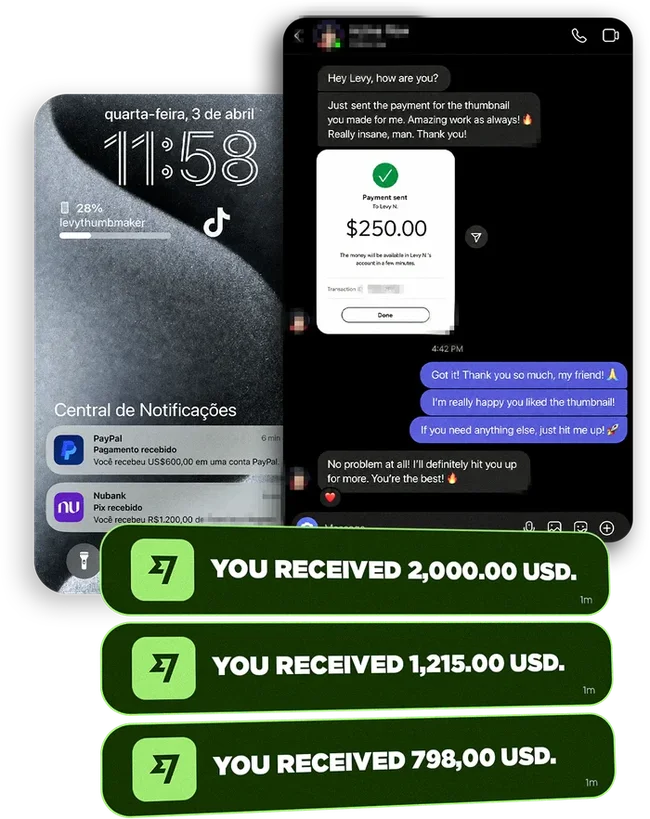 Pagamentos reais recebidos em dólar por thumbnails
